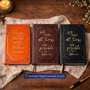 Christian prayer journal hardcover for daily devotion and Bible study in orange, brown, and black leather covers displayed on wooden desk with candle and cross for spiritual growth