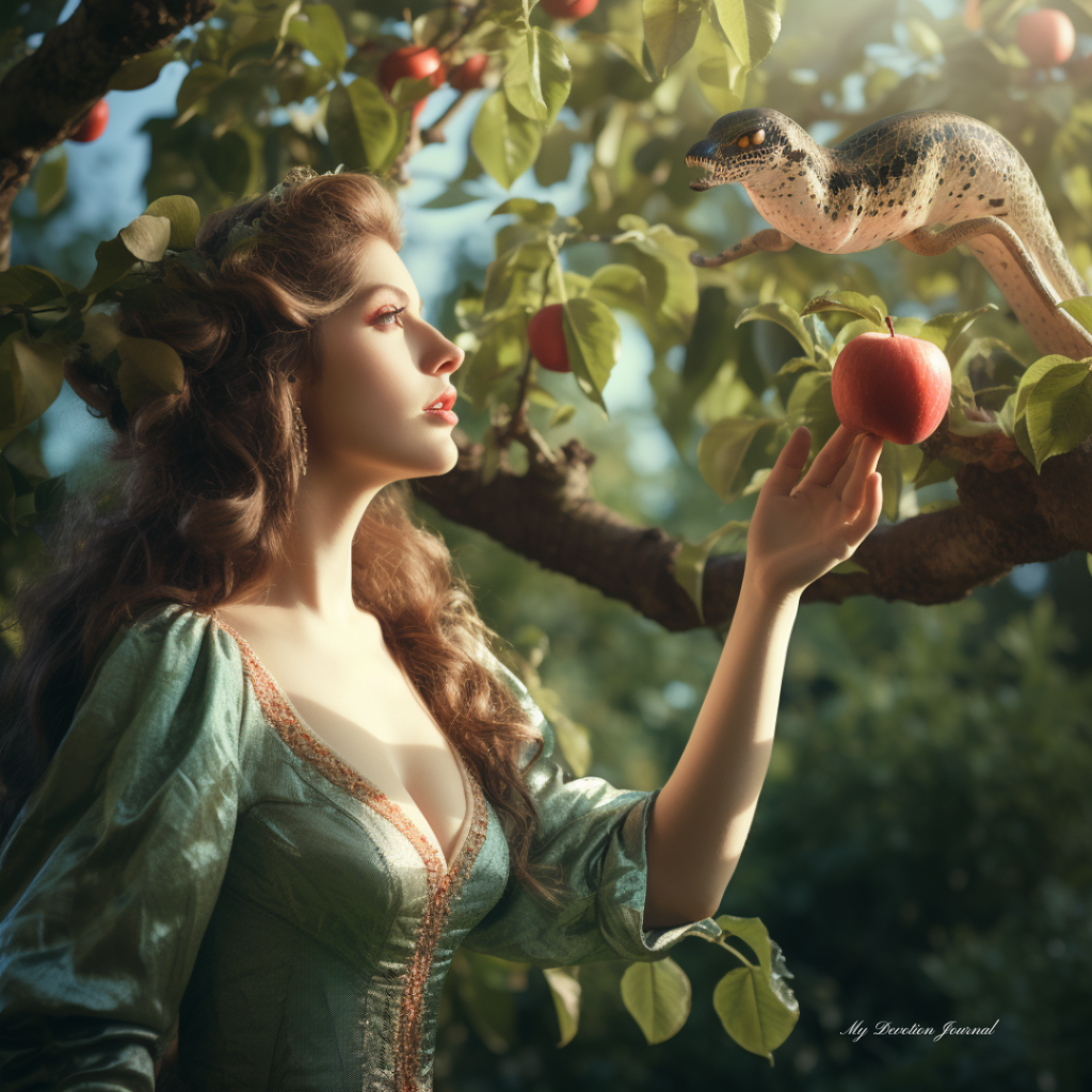 A symbolic representation of 1 Corinthians 10:13, where a woman in a green gown reaches towards a red apple on a tree, while a serpent watches nearby. The image captures the moment of temptation, with the serpent symbolizing the lure of sin. The woman's serene expression contrasts with the underlying tension of the scene, emphasizing the biblical message of God's faithfulness in providing a way to resist temptation. The lush garden setting enhances the sense of a pivotal moment of choice and spiritual testing.