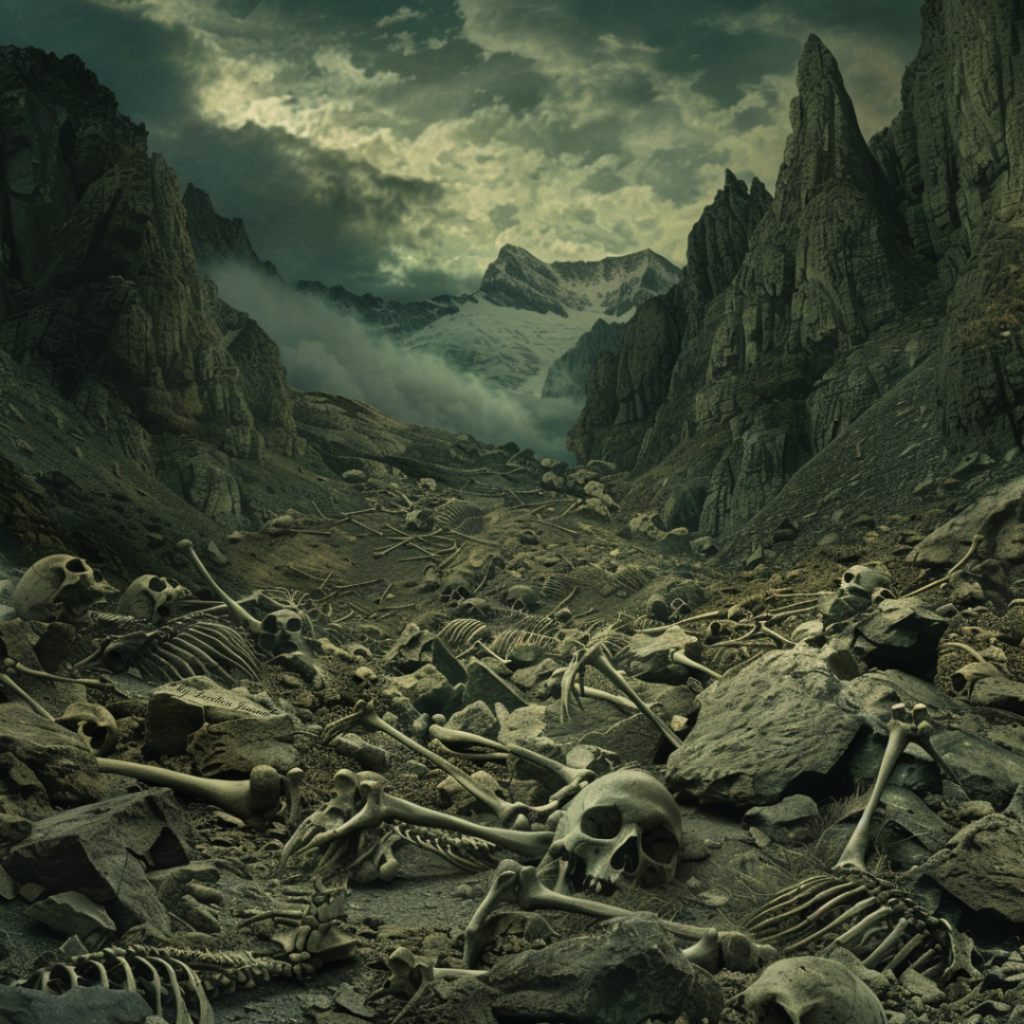 A desolate valley filled with dry bones and skulls, scattered across a barren landscape surrounded by towering, jagged mountains under a cloudy sky. The scene is inspired by Ezekiel 37:4, evoking the imagery of the valley of dry bones, symbolizing death and desolation. The image captures the moment before the prophetic command is given, highlighting the stark contrast between the lifeless bones and the potential for divine restoration and renewal.