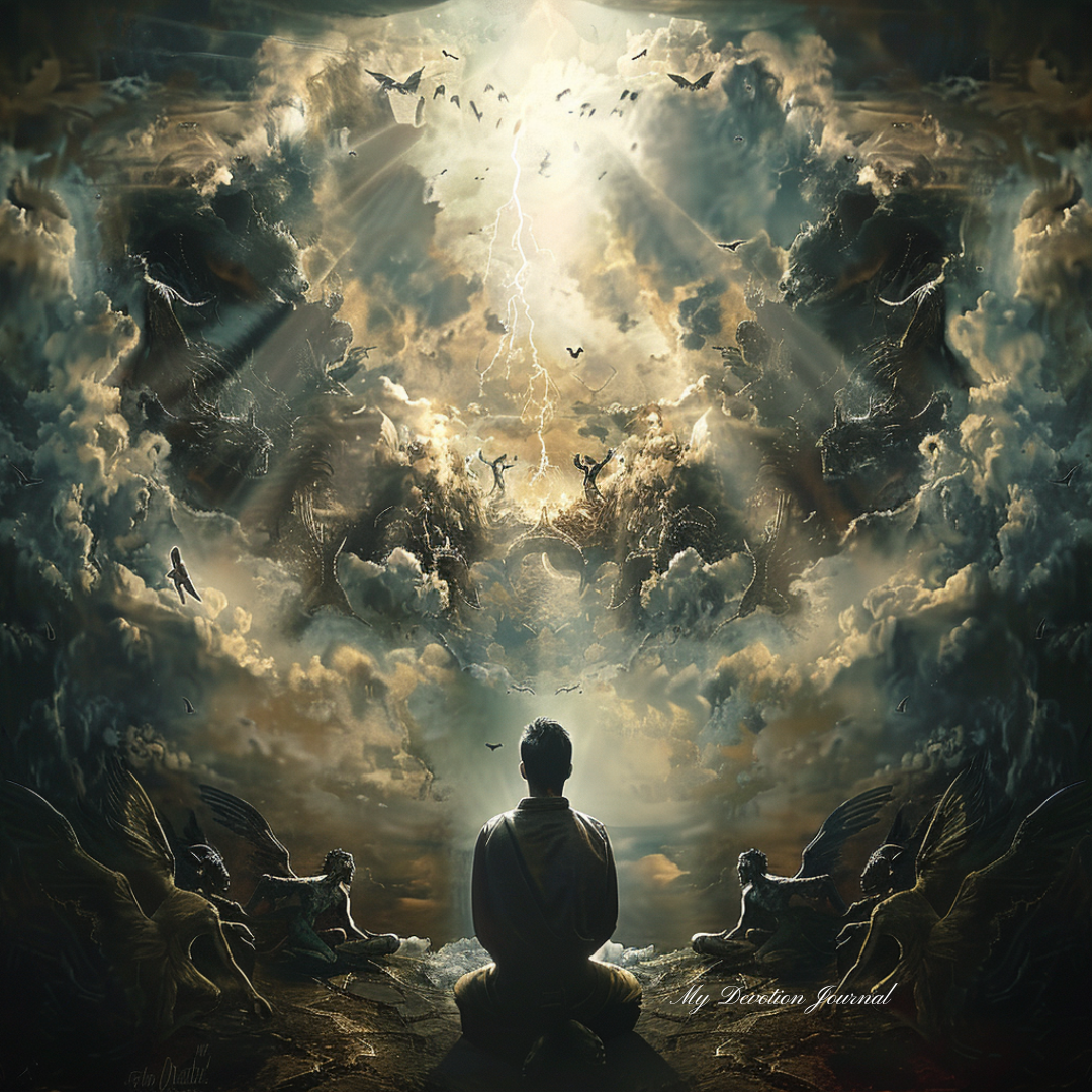 A man kneeling in prayer, surrounded by demons and angels with rays of light shining down on him. The background is dark clouds filled with evil creatures. This scene symbolizes the battle between good vs bad as well as spiritual enlightenment and divine presence.