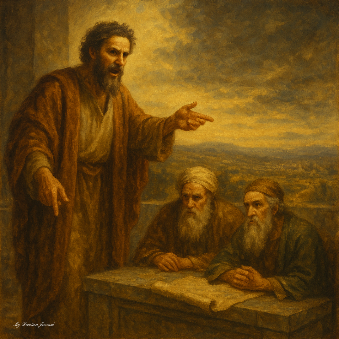 Biblical courtroom painting of prophet Micah declaring God's case to Israelite elders at sunset, symbolizing divine justice and covenant truth.