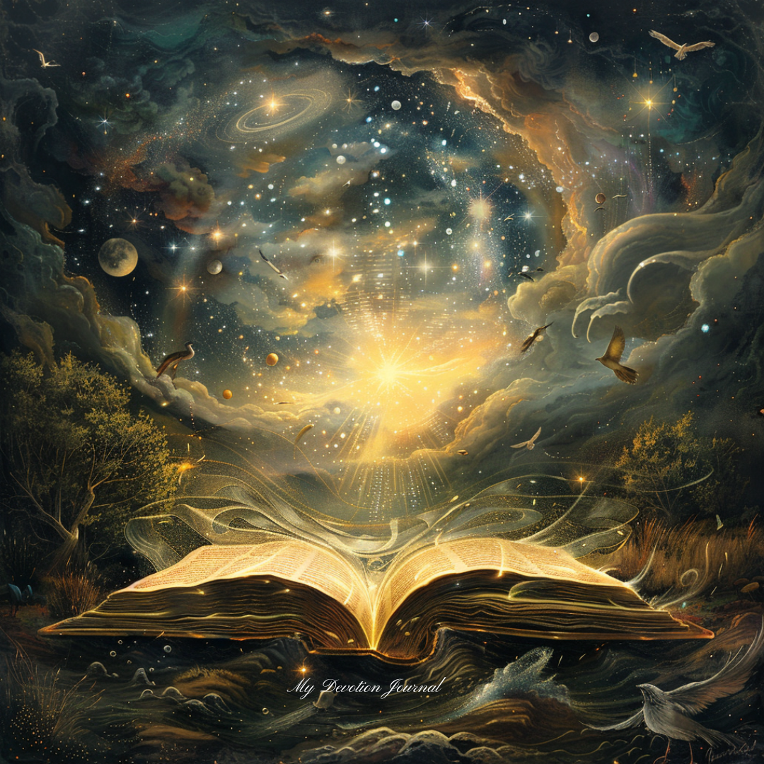An artistic depiction of an open book displaying the text of John 1:1, with a serene backdrop illustrating concepts of creation and divine wisdom. The image blends symbols from Jewish and Greek traditions, representing the 'Logos' as both a spoken word and a cosmic principle, inviting viewers to contemplate the deeper spiritual meaning of the passage.