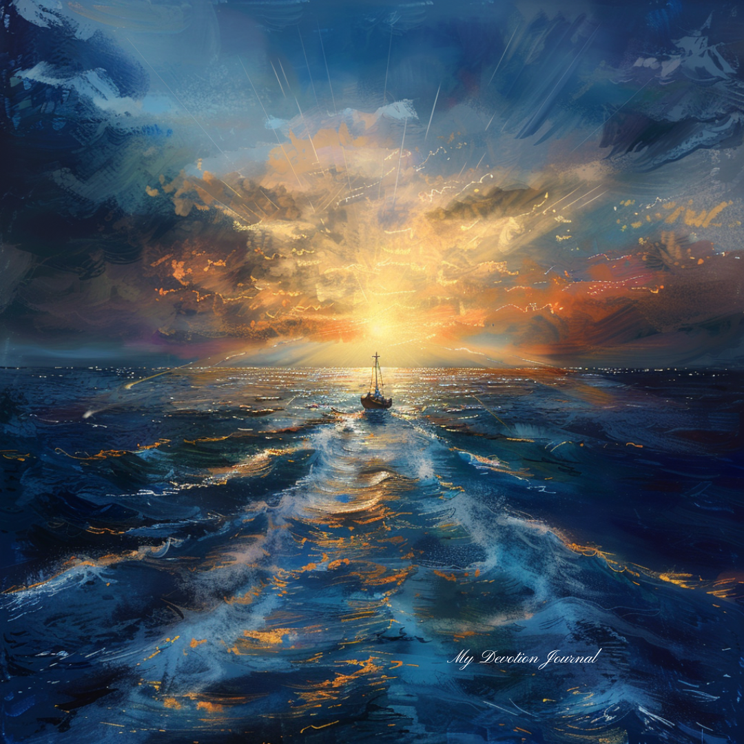 A serene scene depicts a boat sailing towards an epic sunrise, symbolizing hope and new beginnings. The vast ocean stretches out endlessly before them as if leading to endless possibilities. Hebrews 11:1