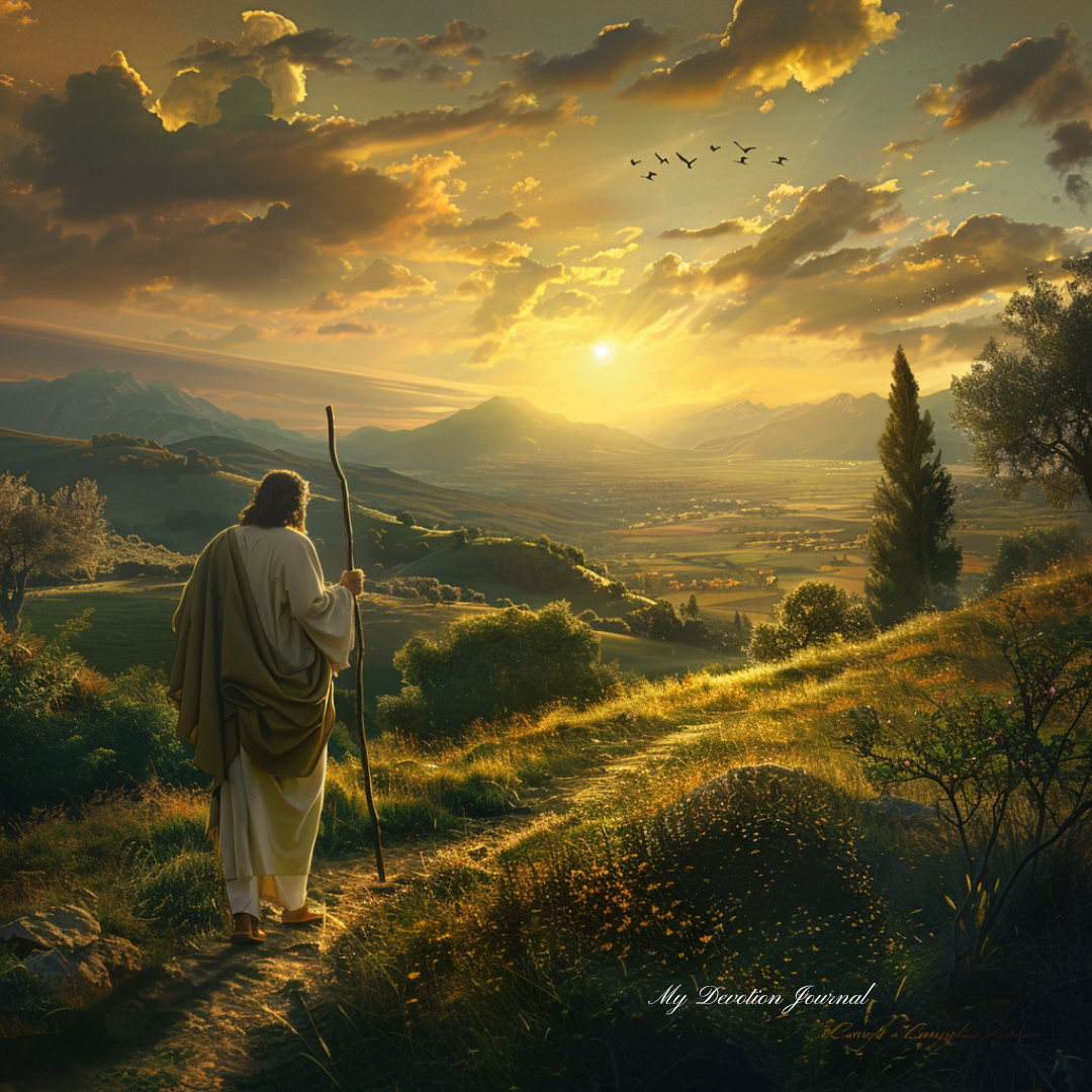 Serene, pastoral landscape at dawn illustrating Genesis 28:15, with golden sunlight over the horizon. A solitary figure, representing Jacob, stands with a staff, looking upwards towards the sun, symbolizing divine presence. The lush green fields and a distant path leading to a village depict the promise of returning home, mirroring Jacob's biblical journey and promise of God's guidance and protection.