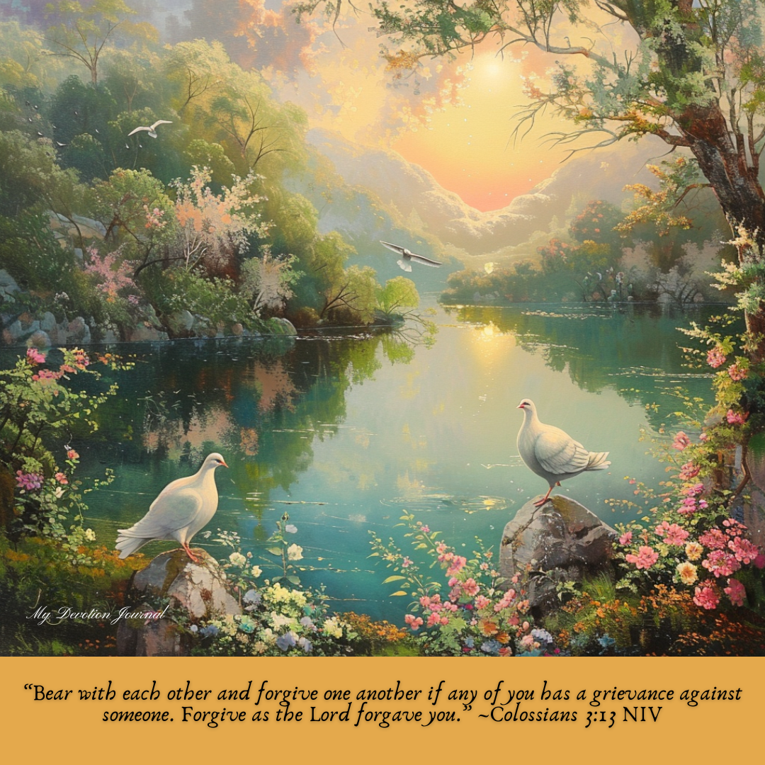 Sunrise over a serene lake with lush green trees and blooming flowers. The calm water reflects the soft colors of the rising sun, while two white doves perched on a rock in the foreground symbolize peace and forgiveness. The sky is adorned with gentle hues of pink and orange, creating a tranquil and harmonious atmosphere. Represents Colossians 3:13