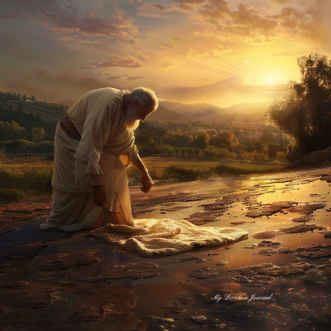 Early morning scene of Gideon testing God with a fleece in the Book of Judges, showing a dry fleece on dewy ground against a serene rural backdrop illuminated by the rising sun's soft glow, symbolizing divine intervention and faith.