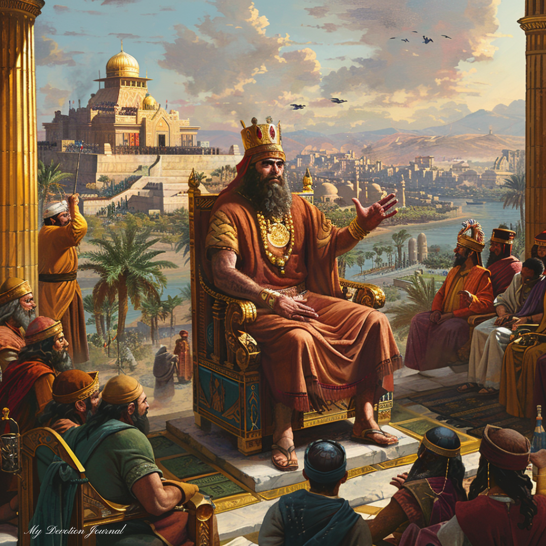Illustration of King Solomon seated on a golden throne in ancient Israel, holding court before an audience of diverse subjects. Behind him, the majestic Temple he constructed looms, overlooking a bustling cityscape with palm trees and a river. The scene is bathed in the warm light of a setting sun, evoking the era of Solomon's reign, celebrated for its wisdom and prosperity. This detailed artwork captures the historical and biblical essence of Solomon's kingdom, enhancing its relevance in educational and religious content.