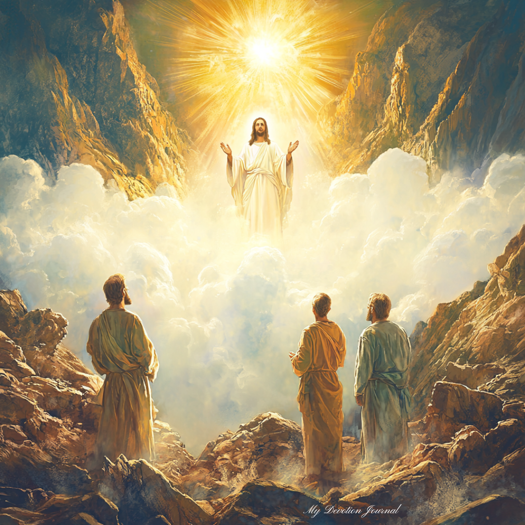 An ethereal scene depicting the Transfiguration of Jesus Christ on a mountain. Jesus stands in radiant, divine glory, surrounded by a bright, heavenly light and clouds. Below Him, three apostles—Peter, James, and John—gaze up in awe and reverence. The mountain landscape is rugged, with rocky terrain and majestic peaks, all illuminated by the warm, divine glow emanating from Jesus. The image conveys a sense of divine revelation, majesty, and spiritual transcendence.
