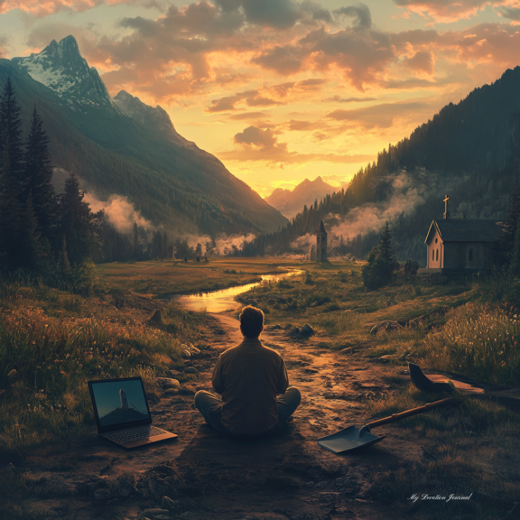A man sits peacefully at sunset in a serene valley, surrounded by towering mountains, a church in the distance, and a stream flowing through the landscape, reflecting Psalm 46:10 'Be still and know that I am God.' The scene conveys the theme of spiritual stillness and trust in God's sovereignty, with a laptop and a shovel nearby symbolizing the balance between work and resting in faith. Ideal for Christian devotionals, prayer journaling, and spiritual growth inspiration.