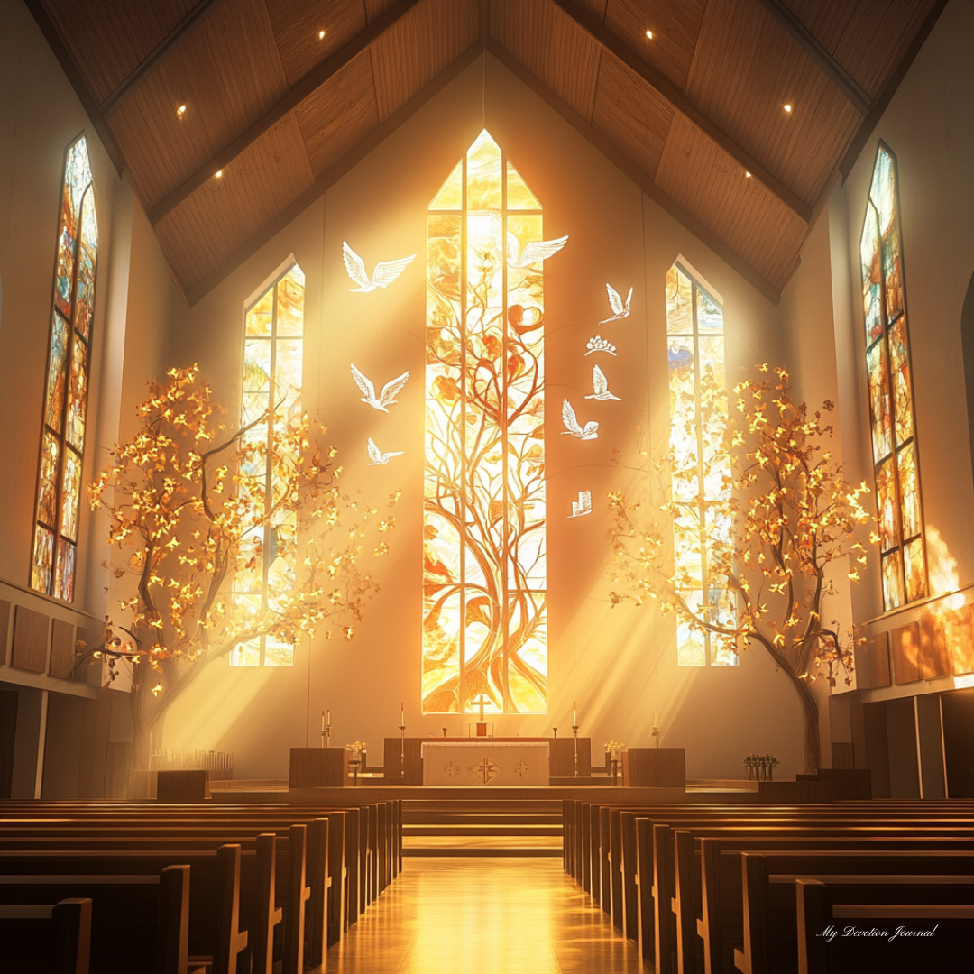 The image depicts a radiant church interior, illuminated by golden sunlight streaming through vibrant stained glass windows. The design of the central stained glass features interconnected branches and doves, symbolizing the unity and diversity of the body of Christ as illustrated in 1 Corinthians 12:12-27. The peaceful ambiance and sacred imagery convey the spiritual message of believers, united in Christ, each with their unique roles, working together as one body. This artwork emphasizes the harmony, diversity, and interdependence of the church as described in the biblical passage.
