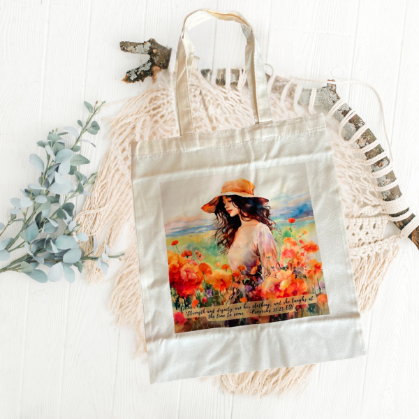 Proverbs 31 Woman Canvas Tote Bag with Watercolor Design - Christian Gift Featuring Bible Verse Proverbs 31:25 ESV, Ideal for Bible Study, Church, and Everyday Use