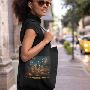 Black canvas tote bag featuring Psalm 119:105 scripture and vibrant watercolor design, carried by a woman walking on a city sidewalk. Perfect for Christian gifts, Bible study, and daily essentials.