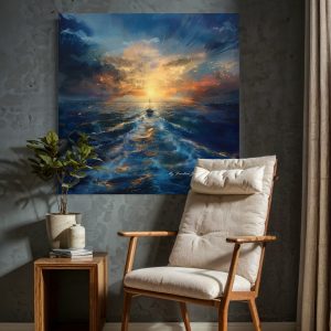 A peaceful living room showcasing a stunning painting inspired by Hebrews 11:1, depicting a small boat sailing into a radiant sunset over calm waters, symbolizing faith and hope. The vibrant artwork features rich blues, oranges, and golden hues, reflecting the essence of the scripture: "Now faith is confidence in what we hope for and assurance about what we do not see." A cozy cream-colored lounge chair and a wooden side table with a small plant and decorative vases complete the serene, faith-inspired space.