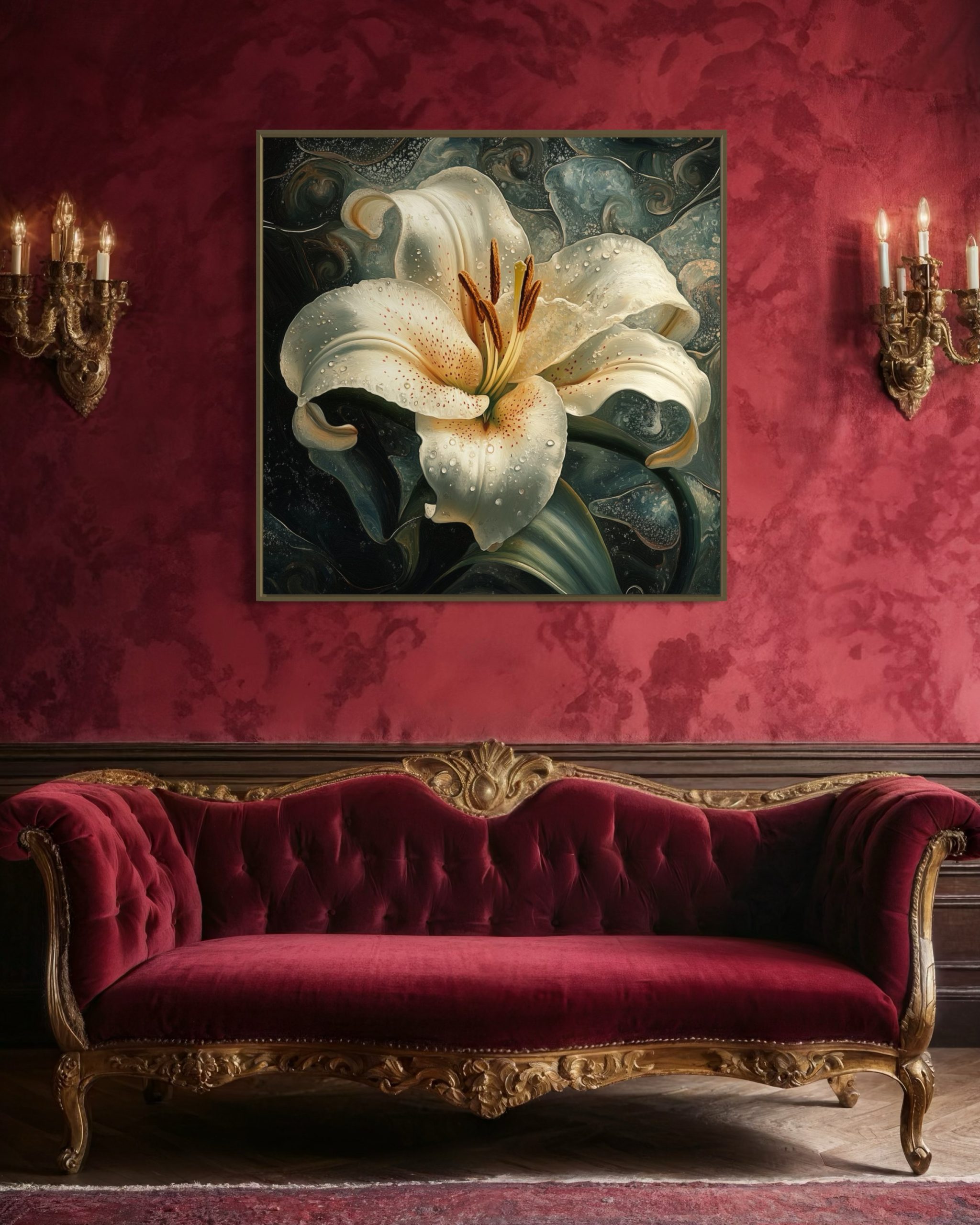 Elegant vintage-style living room with a deep red velvet Victorian sofa adorned with intricate gold carvings. The walls are covered in rich crimson wallpaper with matching candelabra-style sconces. A large, detailed painting of a white lily covered in dewdrops is centered above the sofa, serving as the focal point of the room. The lily's soft white petals stand out against a dark, dramatic background, creating a striking contrast with the luxurious surroundings. The atmosphere is warm and inviting, blending opulence with a sense of serenity.
