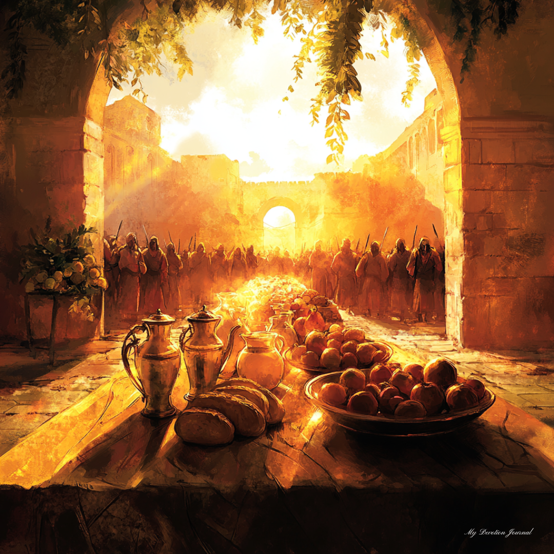A radiant golden feast table laden with bread, fruit, and pitchers, set within ancient stone walls. In the distance, a group of armed soldiers stands illuminated by the warm light of a setting sun, evoking the story of 2 Kings 6:21-23.