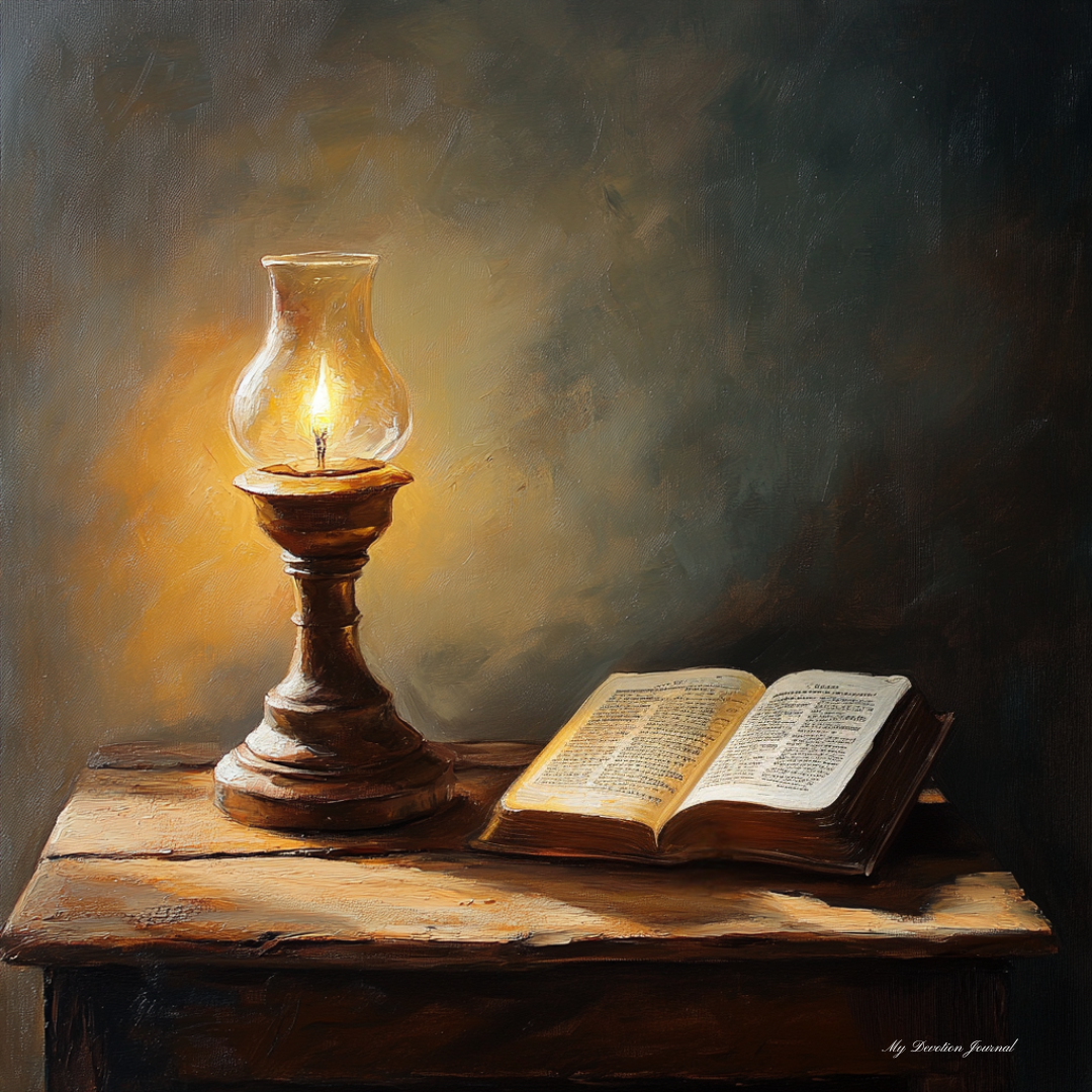 A glowing oil lamp on a wooden stand illuminates an open Bible resting on a rustic table. The scene reflects the message of the Parable of the Lamp, symbolizing the call to let God’s truth shine visibly and transform lives, as taught in Mark 4:21–25 and Luke 8:16–18.