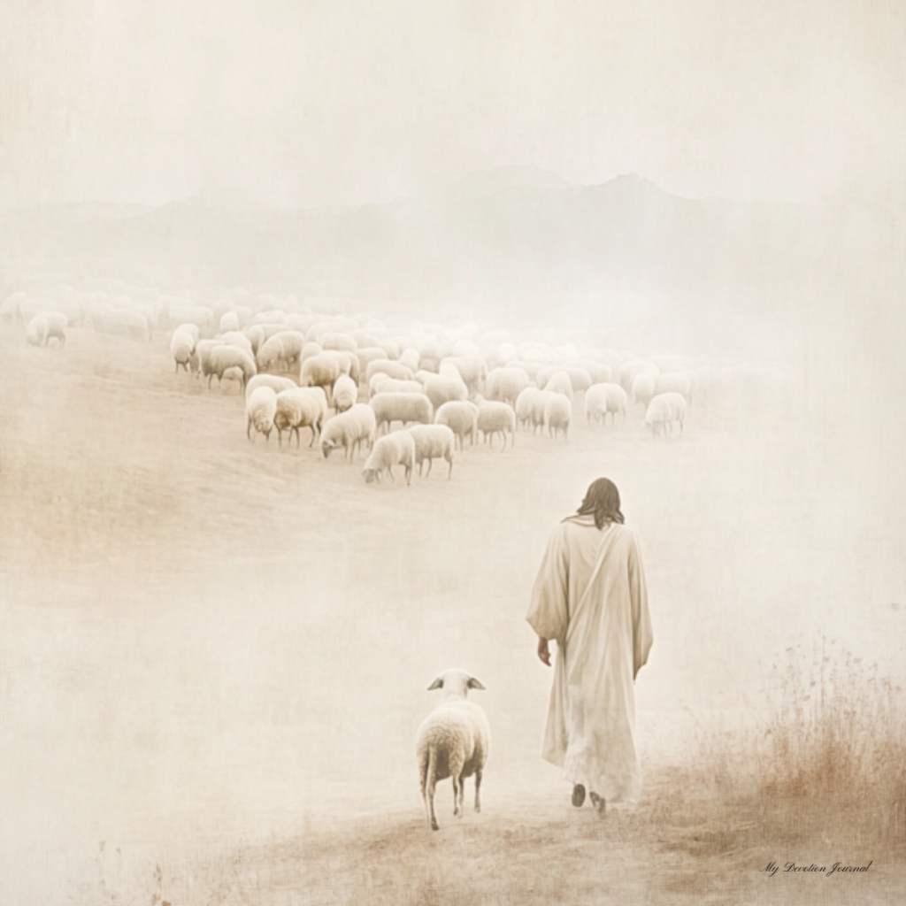 Lost Sheep Scripture art inspired by Matthew 18:12 depicting Jesus as the Good Shepherd leading a sheep toward the flock.