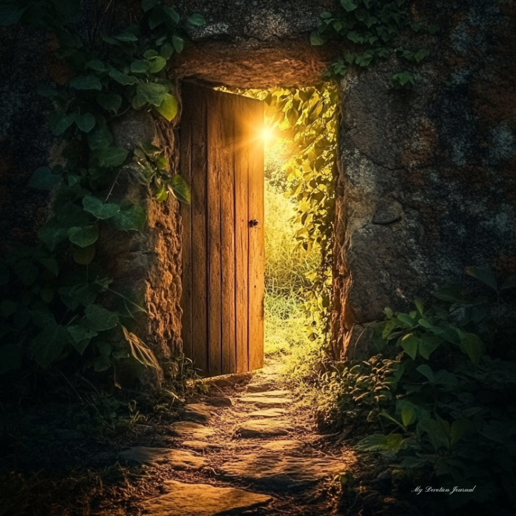 An illuminated narrow wooden door surrounded by lush greenery, symbolizing the narrow path to salvation as described in the Parable of the Narrow Door from Luke 13:22-30.