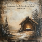 A tranquil winter stable scene with a softly glowing manger, depicting the prophecy of Isaiah 7:14 about a virgin conceiving and bearing a son named Immanuel (God with us).