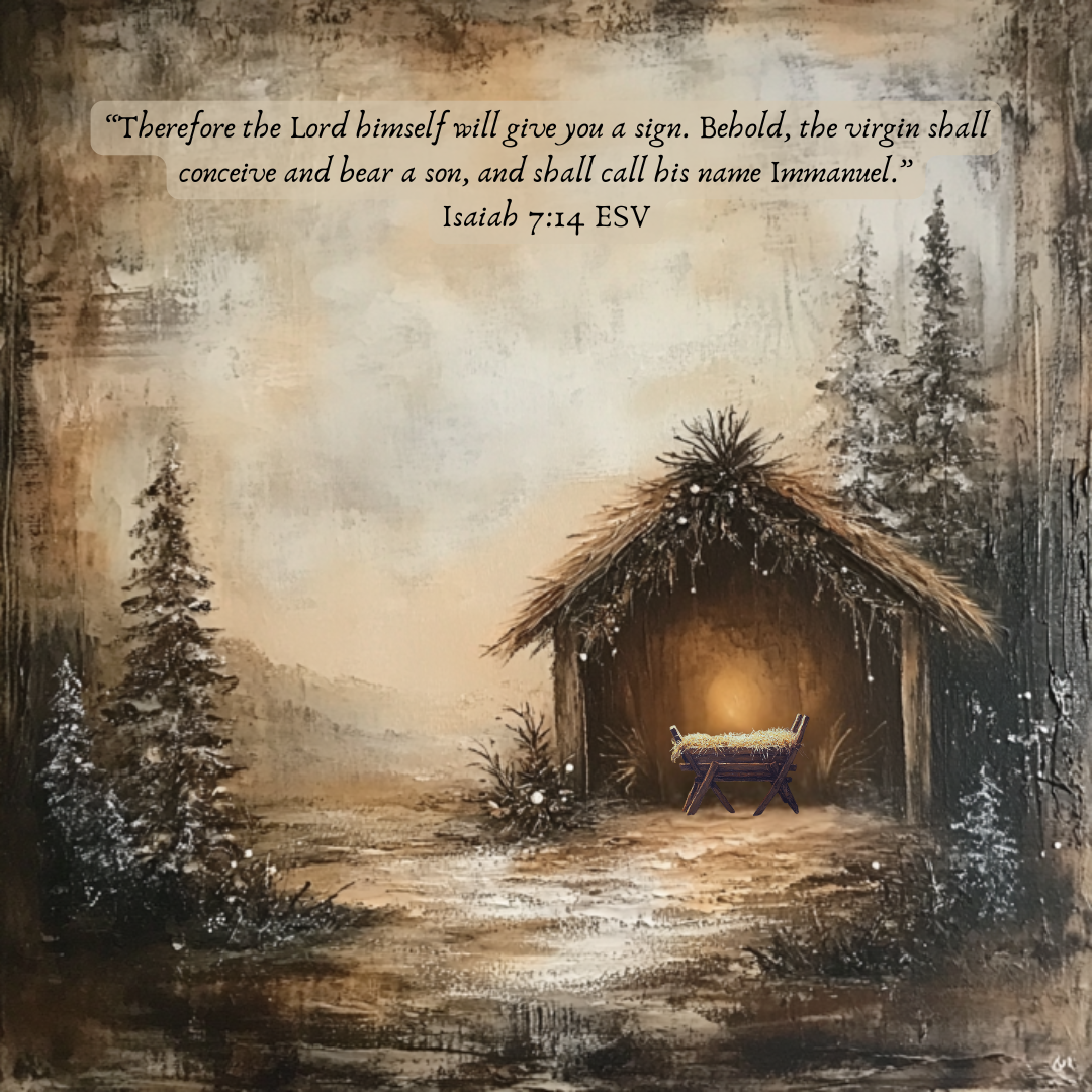 A tranquil winter stable scene with a softly glowing manger, depicting the prophecy of Isaiah 7:14 about a virgin conceiving and bearing a son named Immanuel (God with us).
