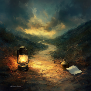 A symbolic image inspired by the Parable of the Good Samaritan, showing a glowing lantern, a jug of oil, and a white cloth placed beside a rugged path winding through a serene yet challenging landscape at sunset.