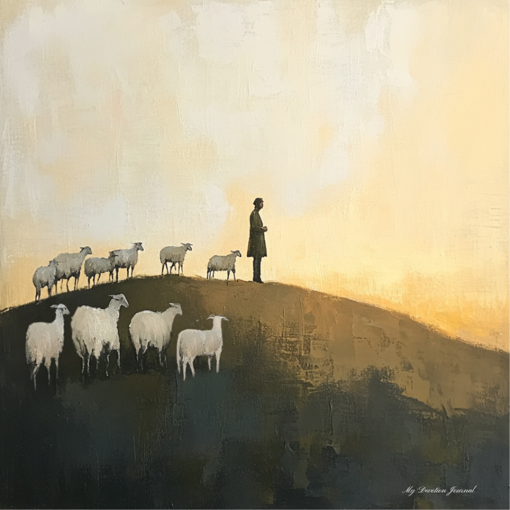 A painting inspired by Matthew 25:31–46. A shepherd stands on a hill surrounded closely by a group of sheep, symbolizing their connection and trust in the shepherd. In the background, goats stand at a distance, facing the shepherd but separated, signifying disobedience and estrangement from his guidance.