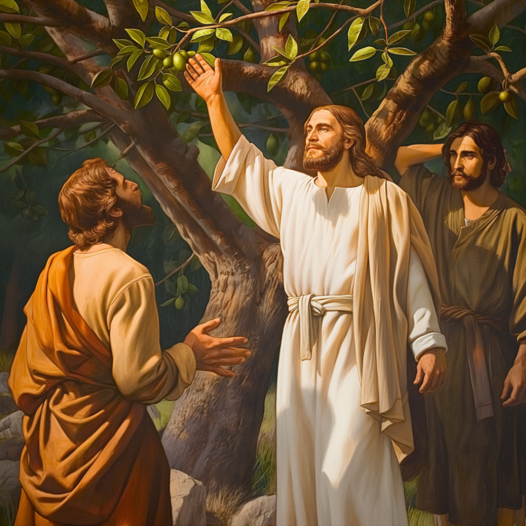 Jesus gestures toward a fig tree with disciples, illustrating the Parable of the Barren Fig Tree.
