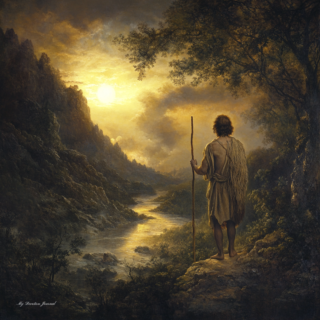 A biblical wilderness scene at dawn with a man resembling John the Baptist standing on a rocky overlook. Dressed in simple, camel-hair clothing and holding a staff, he gazes toward a glowing sunrise that illuminates the river winding through the valley below. The atmosphere is serene yet filled with anticipation, symbolizing divine purpose and preparation.