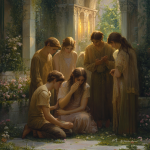 A group of young men and women in flowing white garments gather in a serene garden, bathed in golden light, as they pray together in unity. Their expressions convey deep faith, trust, and intercession, symbolizing the power of shared burdens and spiritual support in times of trial.
