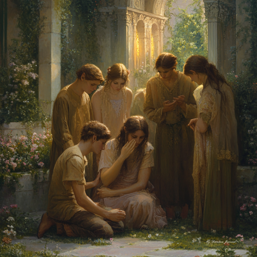 A group of young men and women in flowing white garments gather in a serene garden, bathed in golden light, as they pray together in unity. Their expressions convey deep faith, trust, and intercession, symbolizing the power of shared burdens and spiritual support in times of trial.