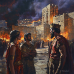 A dramatic biblical scene from Genesis 26:6-11, depicting Isaac and Rebekah standing before King Abimelech in the city of Gerar. The setting is tense, with an ancient fortress in the background, fire illuminating the night sky, and soldiers surrounding them. Isaac looks uneasy as Abimelech sternly confronts him about his deception regarding Rebekah.