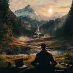 A person sits cross-legged in a serene valley, facing a small church nestled among misty pine trees, with snow-capped mountains and a glowing sunset in the background. A laptop, axe, and mug rest beside them, symbolizing a pause from work. The scene evokes peace and reflection, aligning with a devotional on Luke 6:1-11 about the Sabbath. "My Devotion Journal" is written in the bottom right corner.