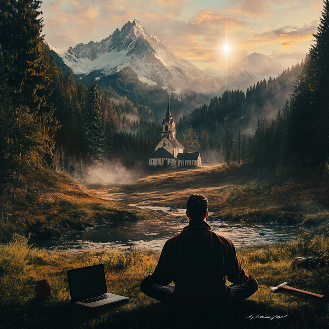 A person sits cross-legged in a serene valley, facing a small church nestled among misty pine trees, with snow-capped mountains and a glowing sunset in the background. A laptop, axe, and mug rest beside them, symbolizing a pause from work. The scene evokes peace and reflection, aligning with a devotional on Luke 6:1-11 about the Sabbath. "My Devotion Journal" is written in the bottom right corner.