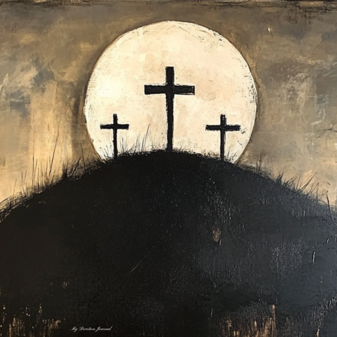 Three black crosses silhouetted against a pale full moon on a dark hill, symbolizing Jesus’ crucifixion on Golgotha from Luke 23:26-43. The artwork captures the somber Good Friday scene, with the central cross representing Christ’s sacrifice for salvation.