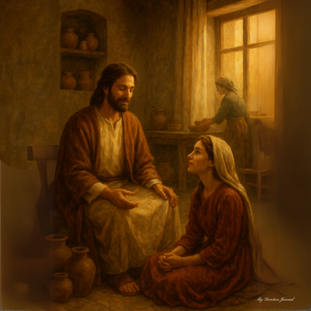 Traditional-style painting of Jesus teaching Mary in a warm, rustic home in Bethany, with Martha serving in the background near a window. Jesus is seated, and Mary sits at His feet in attentive worship.