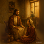 Traditional-style painting of Jesus teaching Mary in a warm, rustic home in Bethany, with Martha serving in the background near a window. Jesus is seated, and Mary sits at His feet in attentive worship.