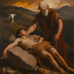 Abraham halts over Isaac as the Angel of the Lord intervenes, with a ram visible in the background, symbolizing God’s provision in Genesis 22:1–14 — a key Bible study image on faith, obedience, and substitution.