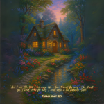 A warm stone cottage surrounded by flowers beside a quiet stream at sunset, illustrating Psalm 55:6–7 — a devotional image about finding peace and rest in God.