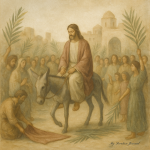 Christian art of Jesus riding a donkey on Palm Sunday, symbolizing peace and humility — perfect for spiritual growth, prayer journals, and daily devotion.