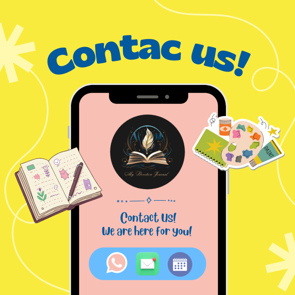 Contact My Devotion Journal image showing mobile screen with Christian journal icons for customer support and daily devotional inquiries.