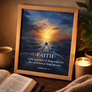 Hebrews 11:1 Scripture art printable featuring faith as assurance, framed Christian wall art for daily devotion and Bible study