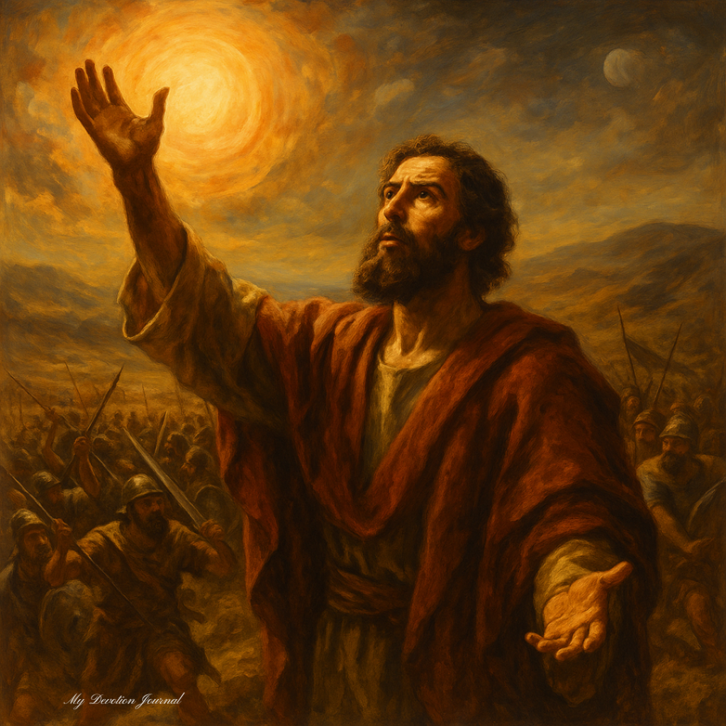 Joshua raising his hand as God holds the sun still in Joshua 10:12–14, painted in a warm biblical oil-style scene during battle.
