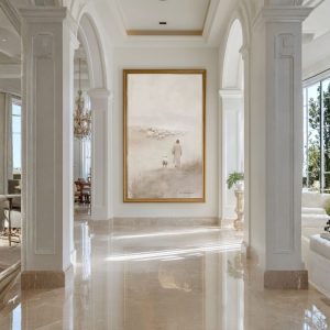 Lost Sheep Christian wall art displayed in a bright arched estate hallway with natural daylight, Scripture artwork featuring Jesus as the Good Shepherd.