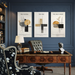 Modern abstract Trinity artwork featuring The Father, The Son, and The Holy Spirit displayed in a navy blue home office setting for Christian décor and Bible study spaces.