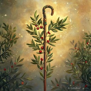 A shepherd’s staff wrapped in olive branches and red berries glowing against a golden background, symbolizing the promised Child and the reign of Christ in Isaiah 9.