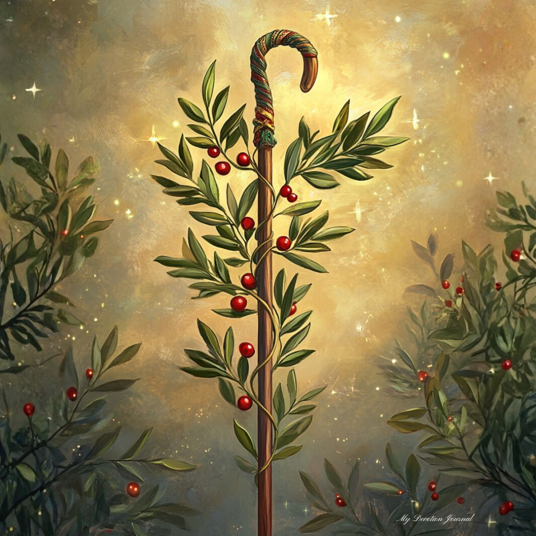 A shepherd’s staff wrapped in olive branches and red berries glowing against a golden background, symbolizing the promised Child and the reign of Christ in Isaiah 9.