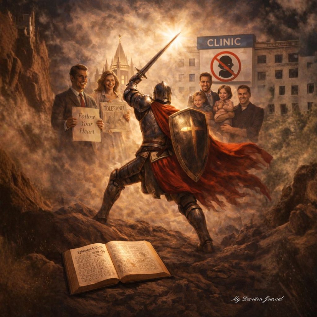 Illustration of spiritual warfare showing a Christian knight standing firm with the armor of God, an open Bible to Ephesians 6:10–20, and symbols representing discernment between truth and deception