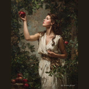 Eve reaching for the fruit in the Garden of Eden with a serpent on her shoulder, Genesis 3:15 inspired Christian artwork by My Devotion Journal.