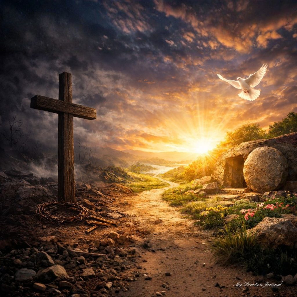 Cross and empty tomb at sunrise symbolizing new life in Christ from 2 Corinthians 5:17, representing the new creation through the resurrection.