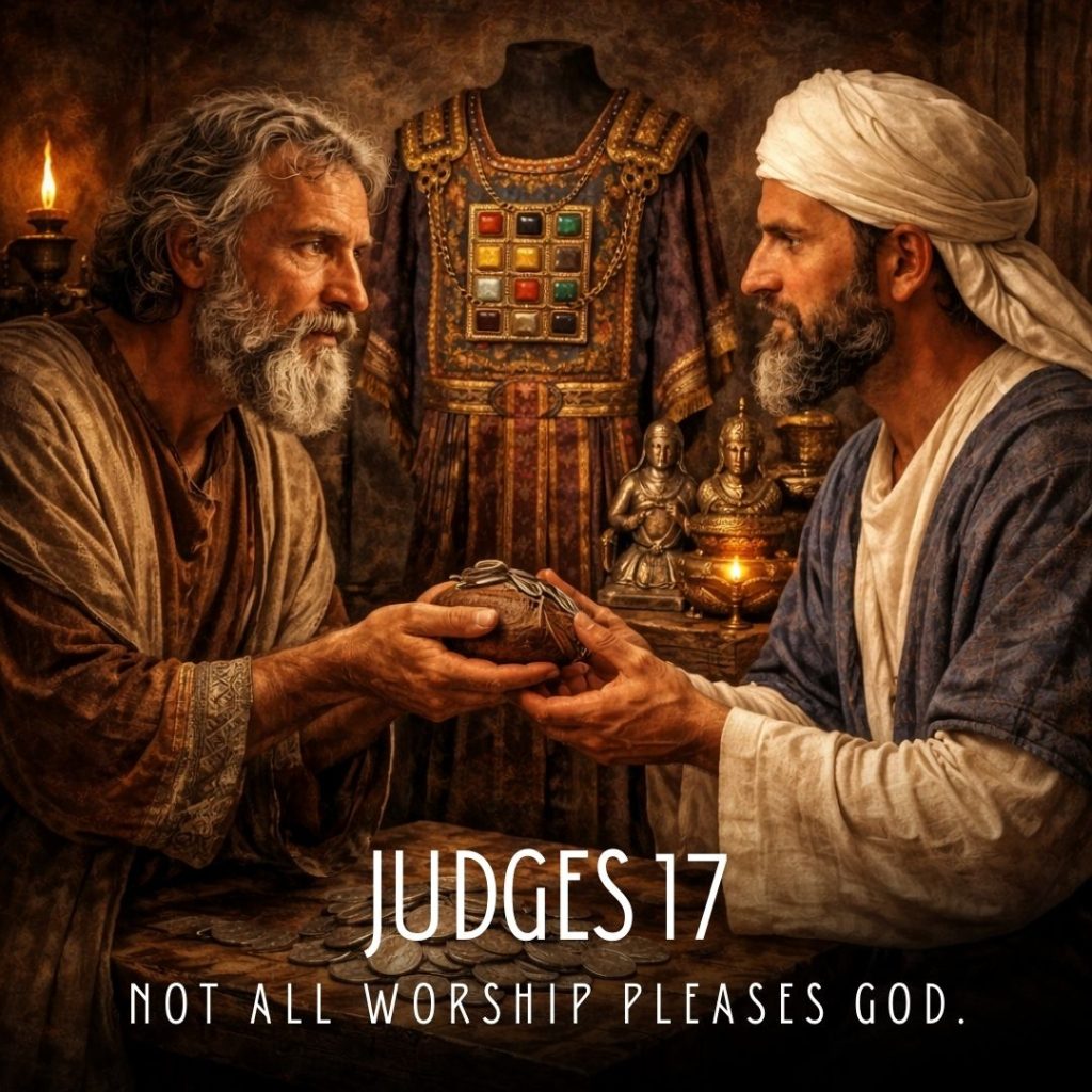 Judges 17 scene showing silver exchanged before a false shrine, revealing the human heart exposed through idolatrous worship, a hired priest, and an ephod, demonstrating that not all worship pleases God.